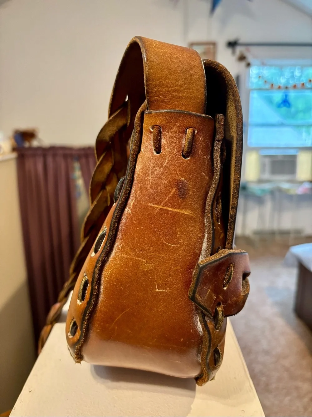 Vintage Brown Leather Braided Crossbody Bag